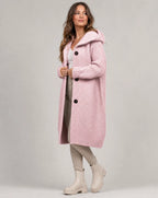 Women's Hooded Cardigan with Ribbed Knit Trim & Button-Front Closure - Side Pose Boots
