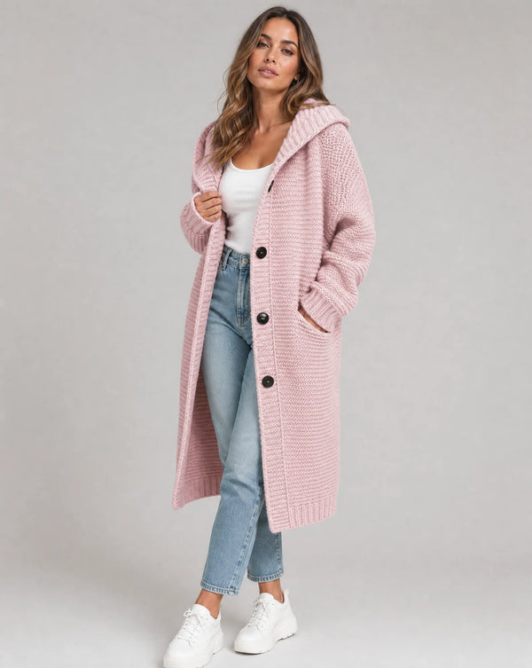 Pink Women's Hooded Cardigan with Ribbed Knit Trim & Button-Front Closure