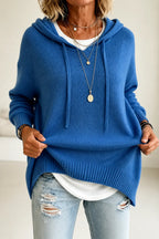 Blue Women's Oversized Hooded Knit Sweater with Drawstring Hood — Jillian