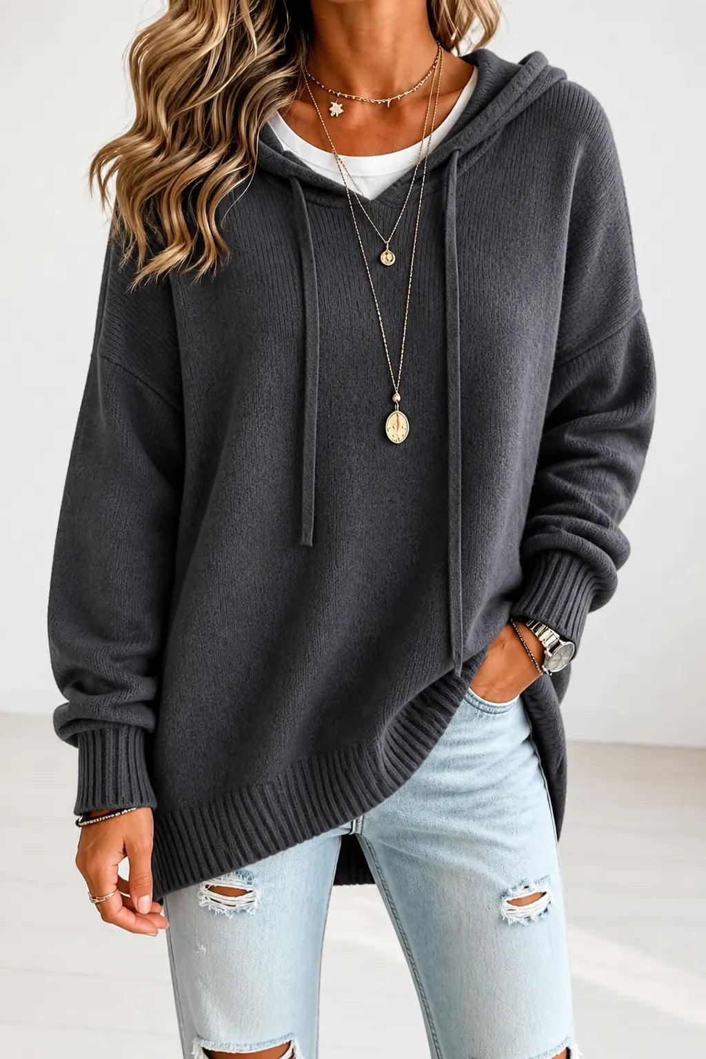 Gray Women's Oversized Hooded Knit Sweater with Drawstring Hood — Jillian