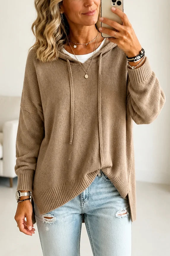 Khaki Women's Oversized Hooded Knit Sweater with Drawstring Hood — Jillian