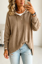 Khaki Women's Oversized Hooded Knit Sweater with Drawstring Hood — Jillian