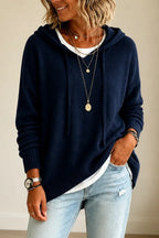 Navy Blue Women's Oversized Hooded Knit Sweater with Drawstring Hood — Jillian