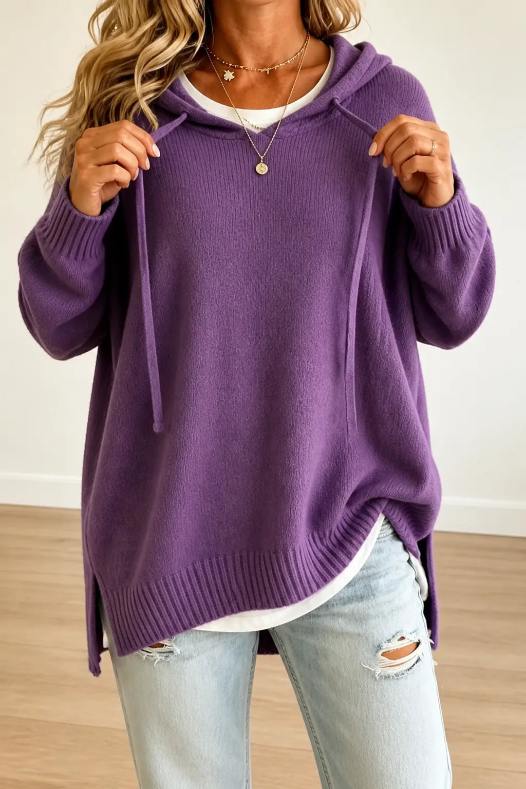 Purple Women's Oversized Hooded Knit Sweater with Drawstring Hood — Jillian