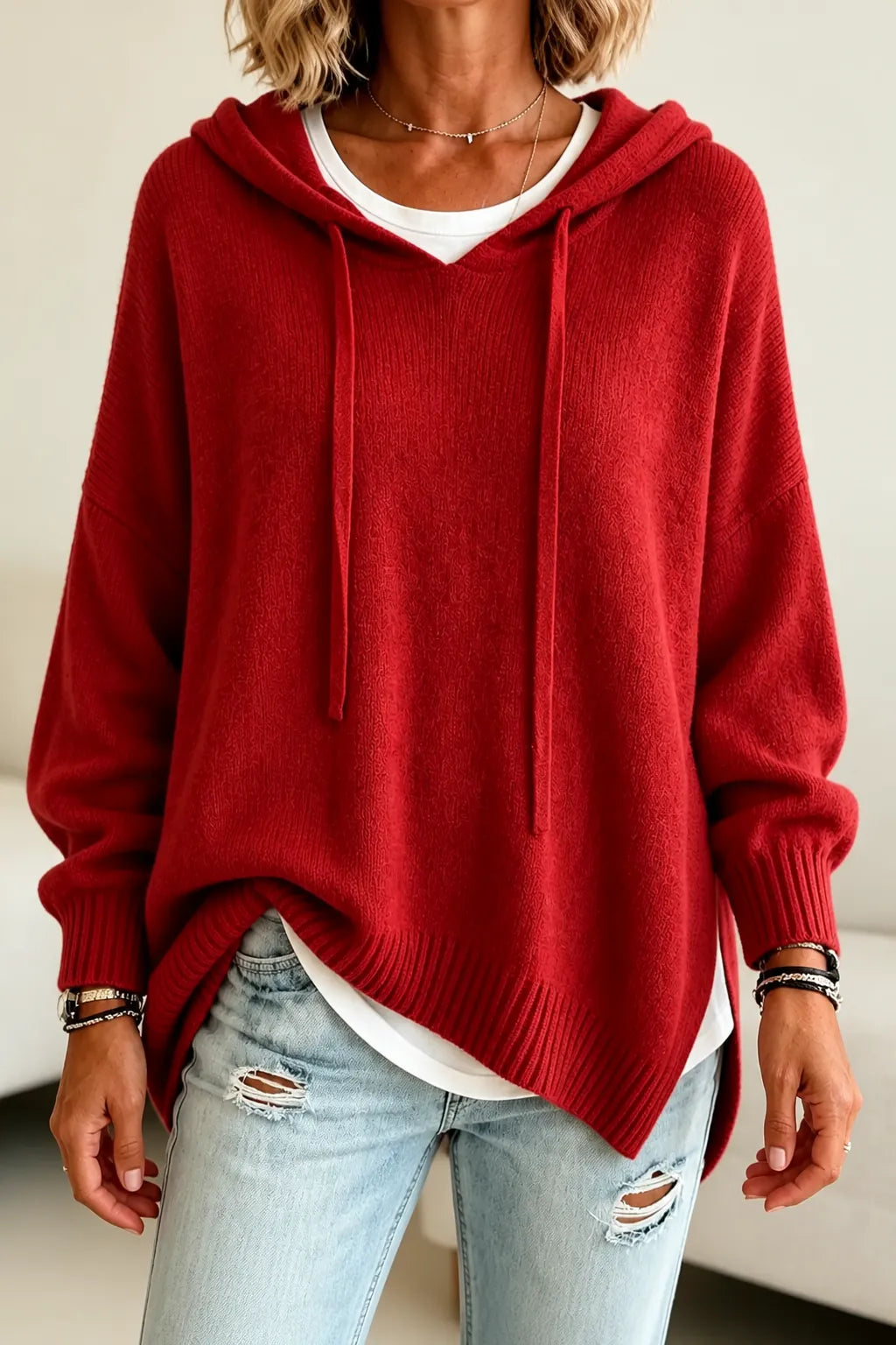 Red Women's Oversized Hooded Knit Sweater with Drawstring Hood — Jillian