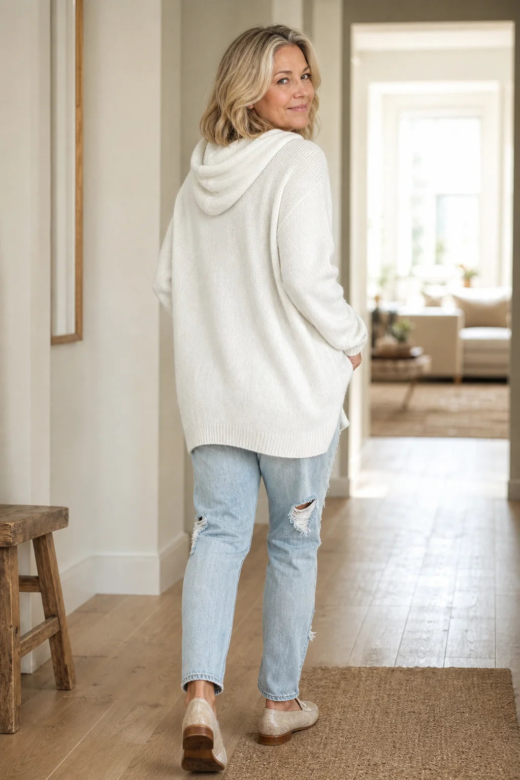 White Women's Oversized Hooded Knit Sweater with Drawstring Hood — Jillian - Back Full