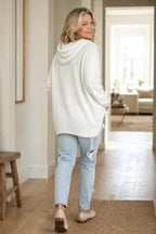 White Women's Oversized Hooded Knit Sweater with Drawstring Hood — Jillian - Back Full
