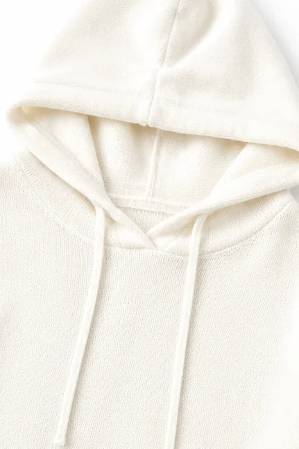 White Women's Oversized Hooded Knit Sweater with Drawstring Hood — Jillian - Hood Close Up