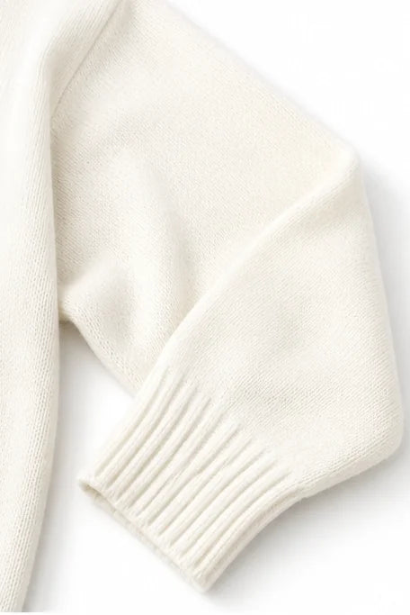White Women's Oversized Hooded Knit Sweater with Drawstring Hood — Jillian - Sleeve Close Up