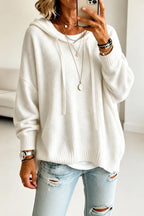 White Women's Oversized Hooded Knit Sweater with Drawstring Hood — Jillian