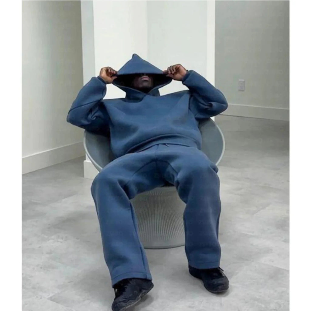 Blue Men's Oversized Tracksuit with Drawstring Hood & Ribbed Cuffs