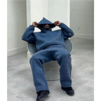 Blue Men's Oversized Tracksuit with Drawstring Hood & Ribbed Cuffs