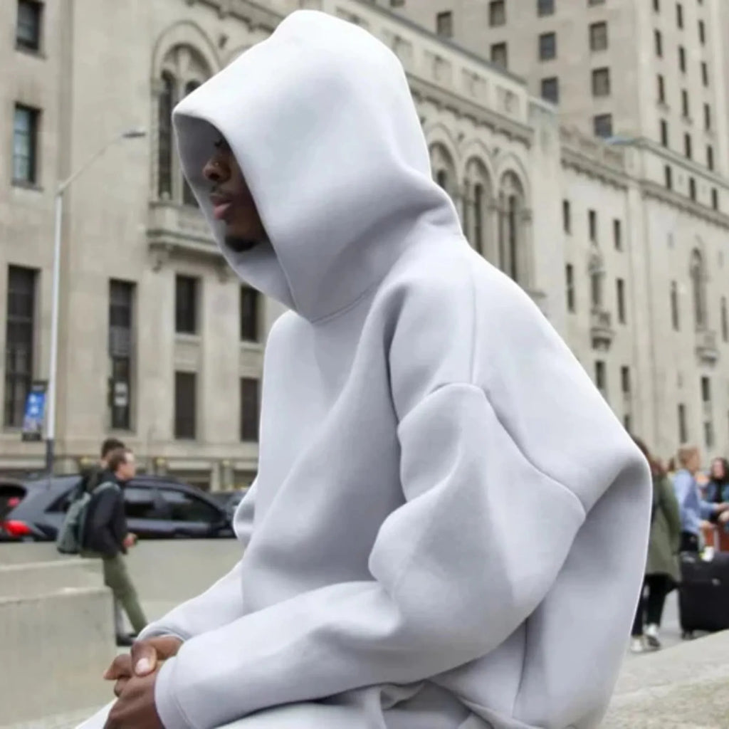 Men's Oversized Tracksuit with Drawstring Hood & Ribbed Cuffs - Close Up Hood Detail