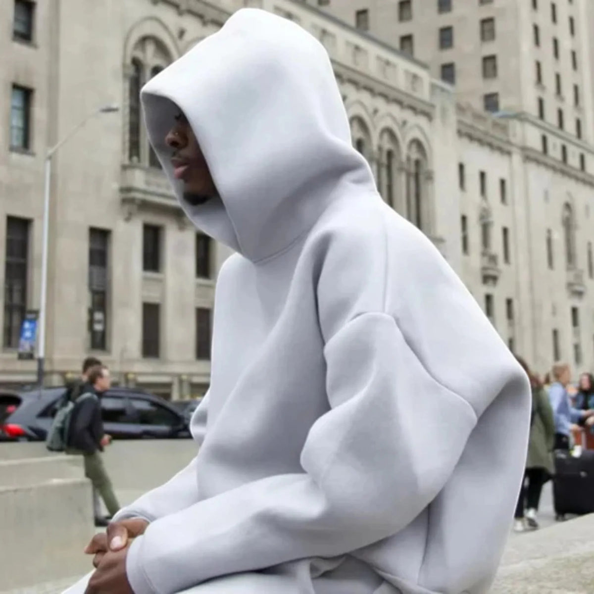 Men's Oversized Tracksuit with Drawstring Hood & Ribbed Cuffs - Close Up Hood Detail