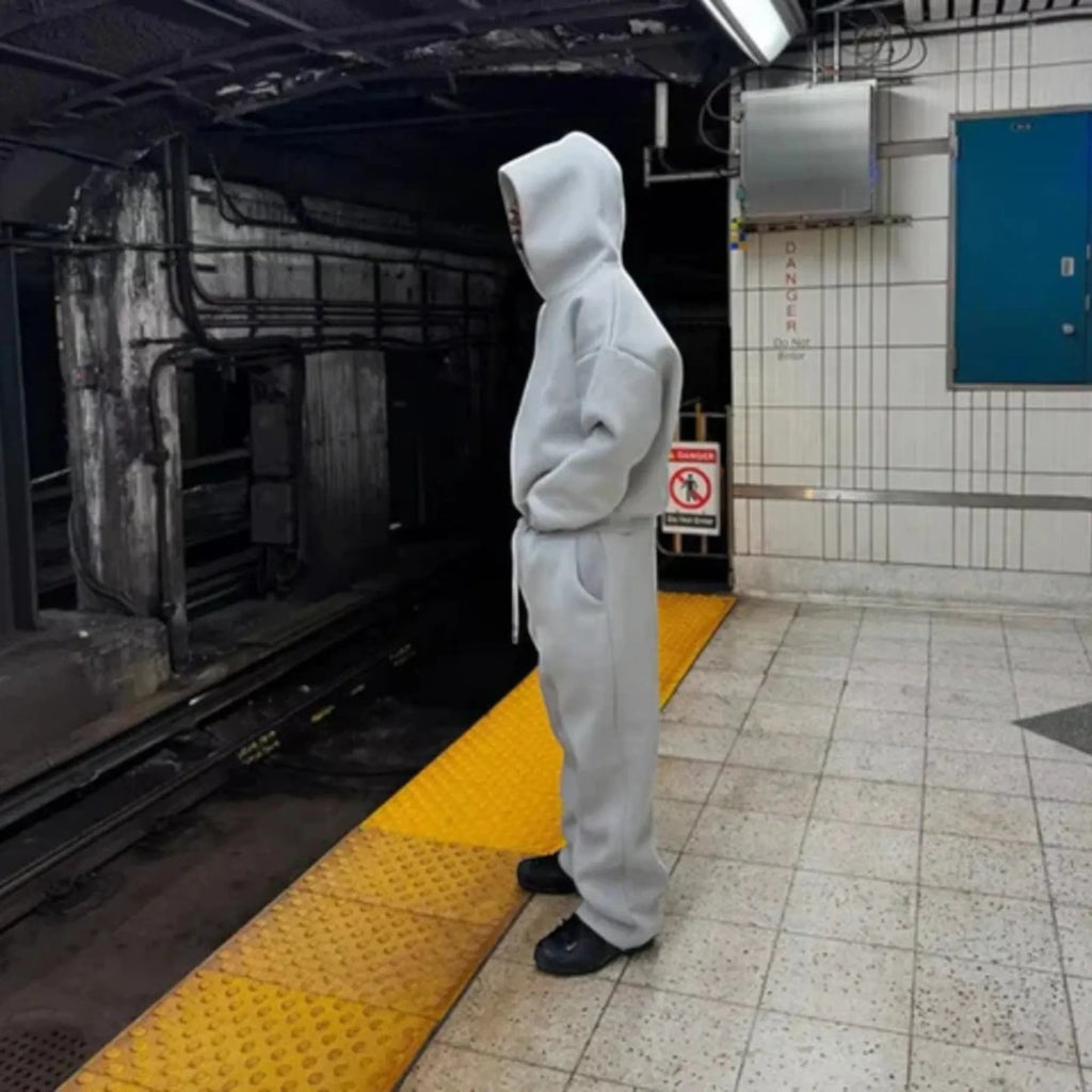 Men's Oversized Tracksuit with Drawstring Hood & Ribbed Cuffs - Side Profile Subway