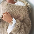 Khaki Women's Oversized Knit Sweater in Soft Mohair Blend with Relaxed Fit — Cherie