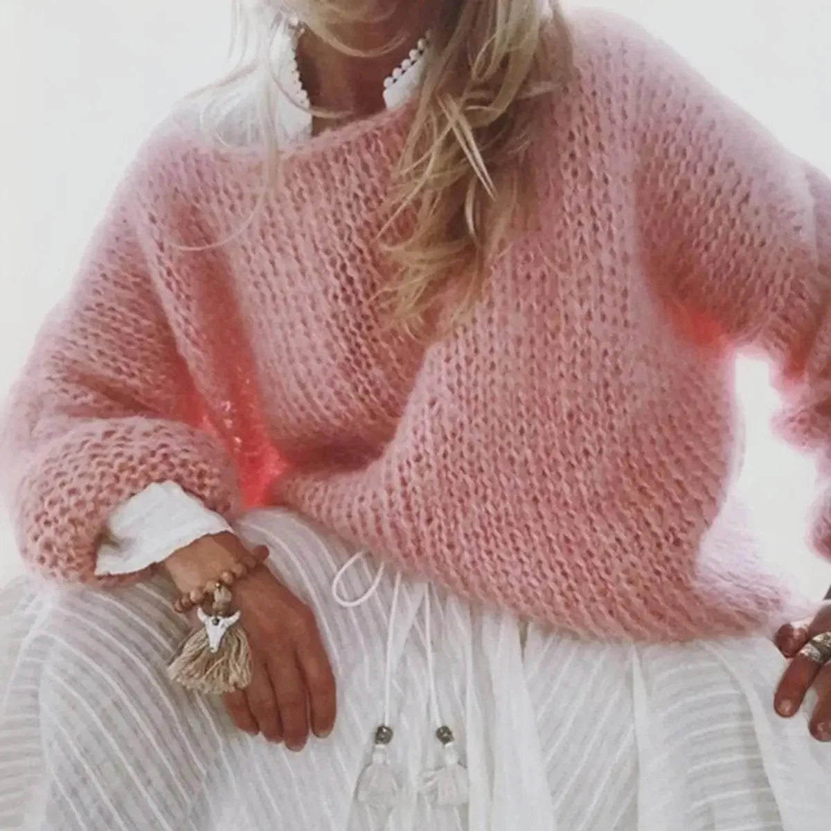 Light Pink Women's Oversized Knit Sweater in Soft Mohair Blend with Relaxed Fit — Cherie - Seated Lifestyle