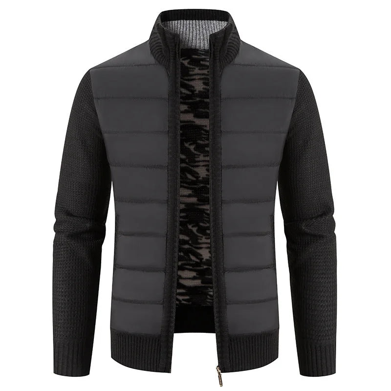 Black Men's Padded Jacket with Structured Quilted Front & Knit Sleeves - Front Full