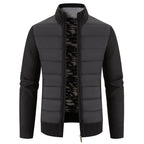 Black Men's Padded Jacket with Structured Quilted Front & Knit Sleeves - Front Full