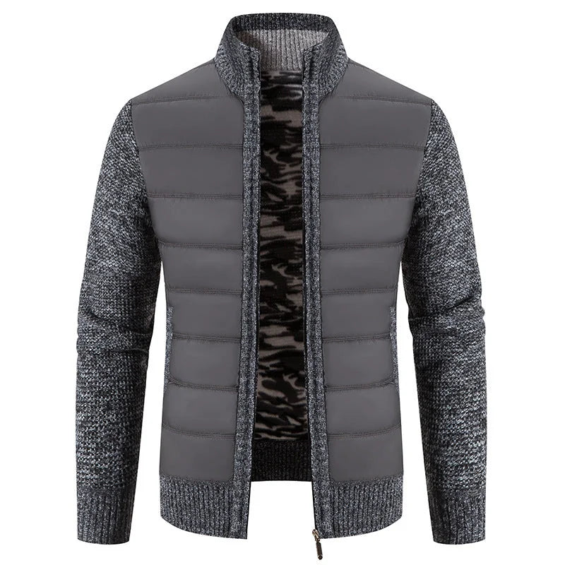 Dark Gray Men's Padded Jacket with Structured Quilted Front & Knit Sleeves - Grey Front Full Charcoal