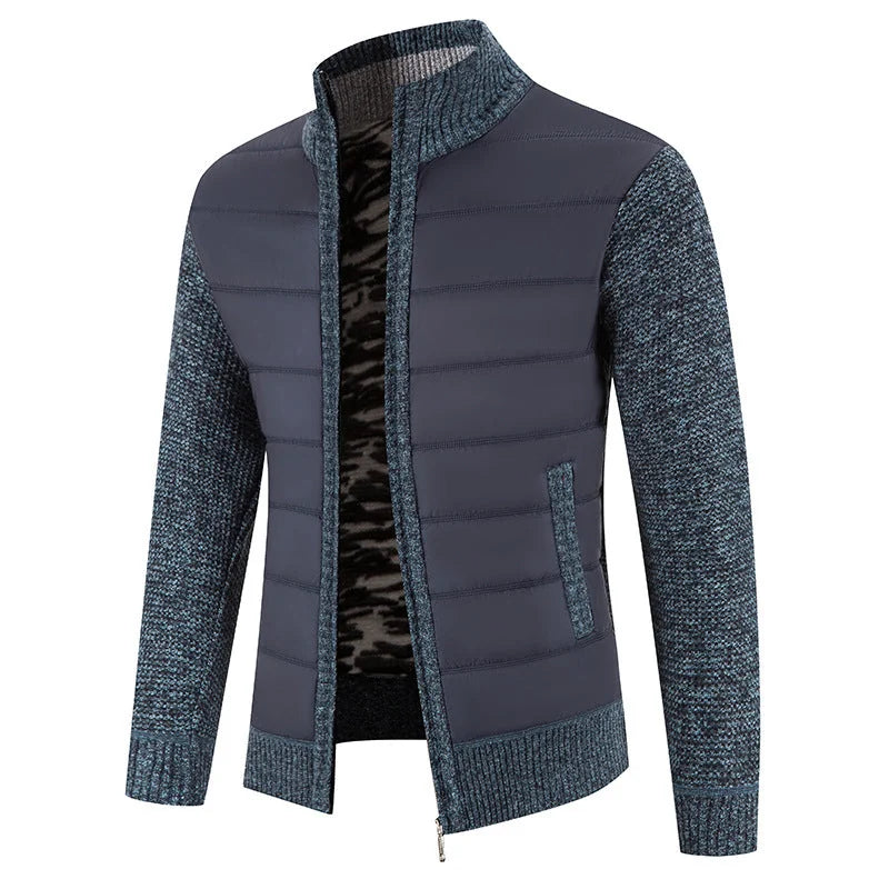Men's Padded Jacket with Structured Quilted Front & Knit Sleeves - Front Full Navy