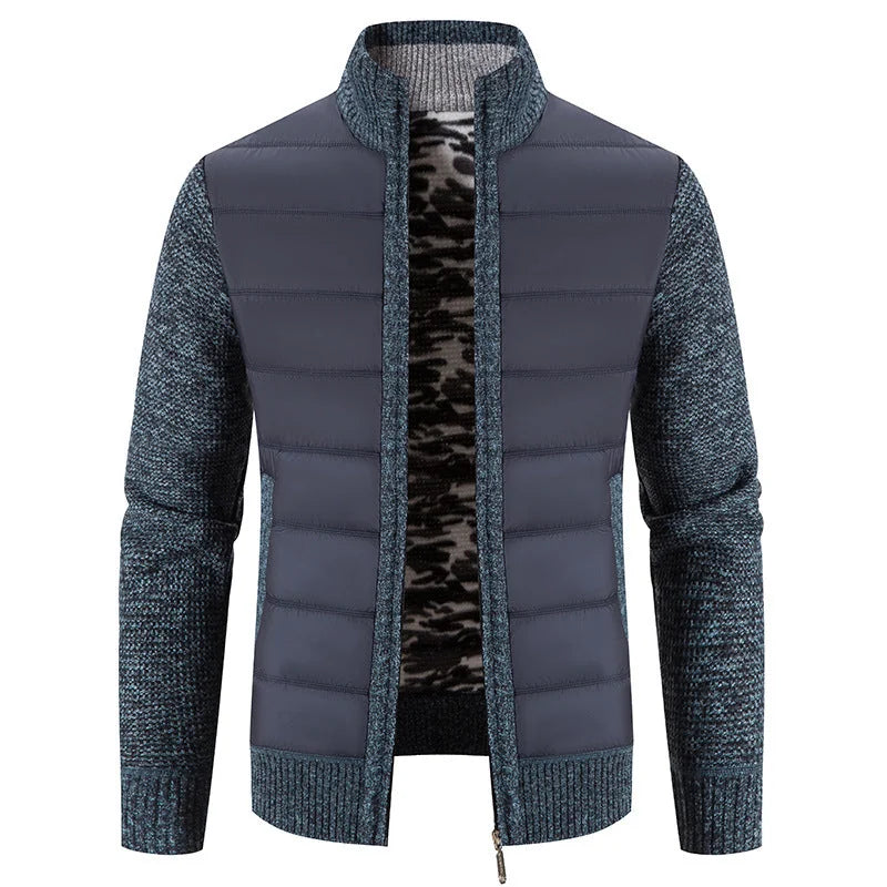 Blue Gray Men's Padded Jacket with Structured Quilted Front & Knit Sleeves - Front Full Teal