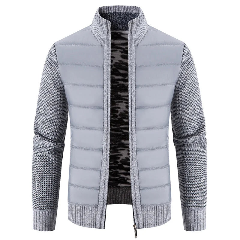 Gray Men's Padded Jacket with Structured Quilted Front & Knit Sleeves - Light Grey Front Full Pale