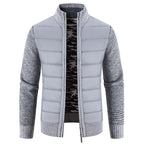 Gray Men's Padded Jacket with Structured Quilted Front & Knit Sleeves - Light Grey Front Full Pale