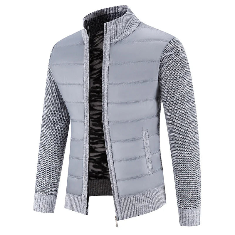 Men's Padded Jacket with Structured Quilted Front & Knit Sleeves - Light Grey Front Full