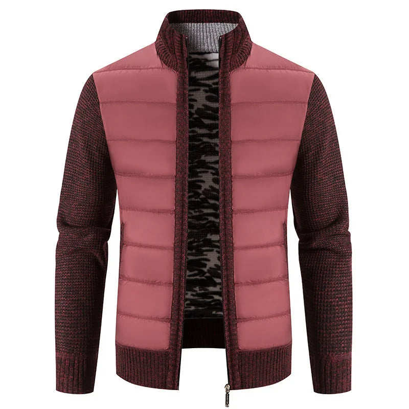Red Men's Padded Jacket with Structured Quilted Front & Knit Sleeves - Wine Front Full Pink