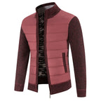Men's Padded Jacket with Structured Quilted Front & Knit Sleeves - Wine Front Full