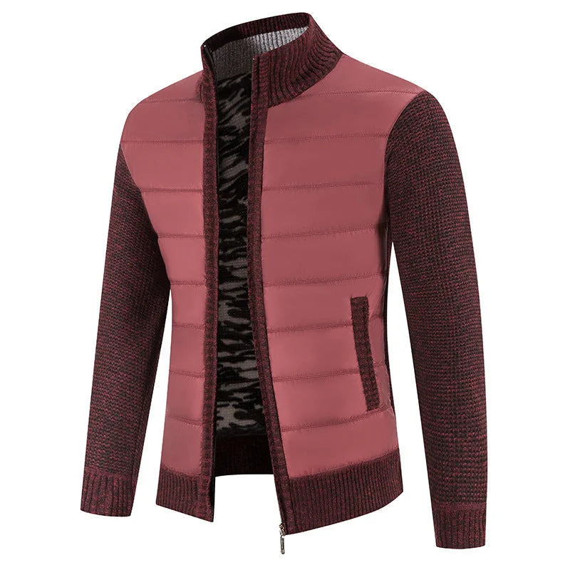 Men's Padded Jacket with Structured Quilted Front & Knit Sleeves - Wine Front Full