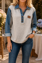 Beige Women's Patchwork Knit Blouse with Denim Collar & Long Sleeves