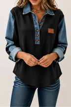 Black Women's Patchwork Knit Blouse with Denim Collar & Long Sleeves