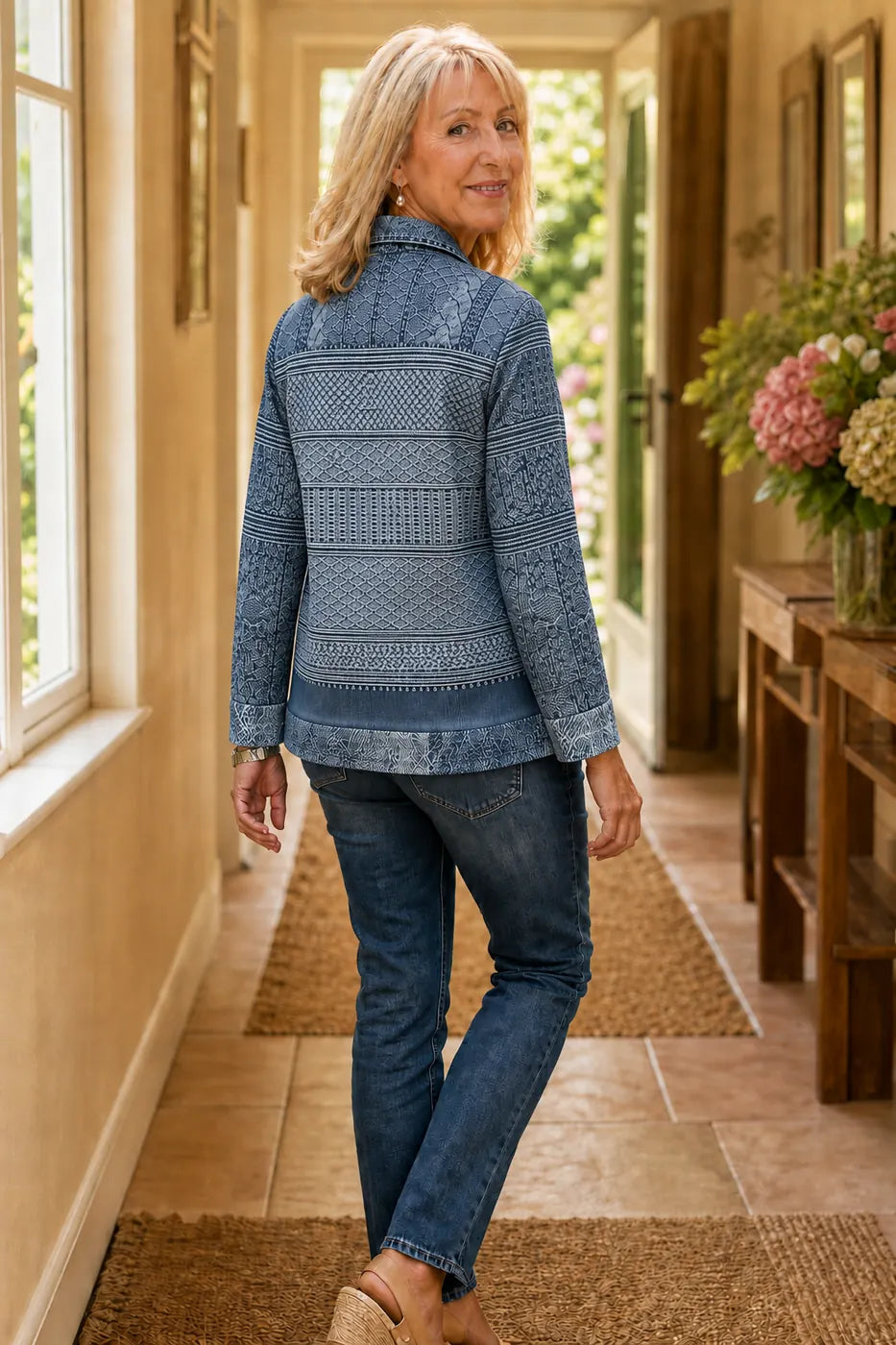 Women's Patchwork Knit Blouse with Denim Collar & Long Sleeves - Back Full