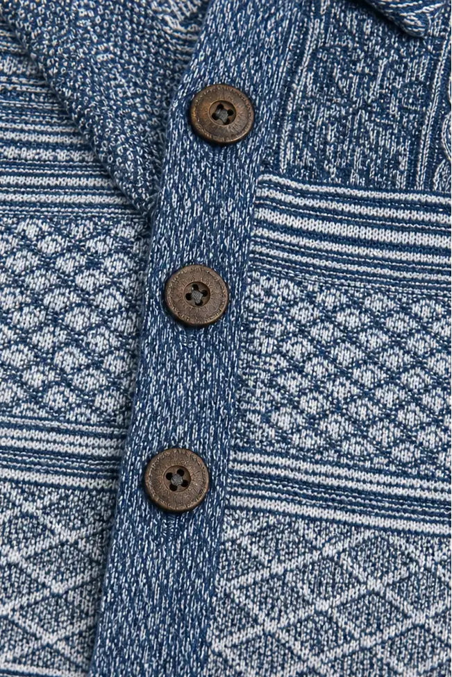 Women's Patchwork Knit Blouse with Denim Collar & Long Sleeves - Button Detail