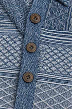 Women's Patchwork Knit Blouse with Denim Collar & Long Sleeves - Button Detail
