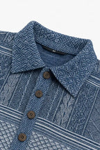 Women's Patchwork Knit Blouse with Denim Collar & Long Sleeves - Close Up Collar