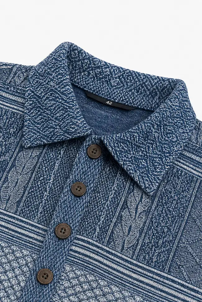Women's Patchwork Knit Blouse with Denim Collar & Long Sleeves - Close Up Collar