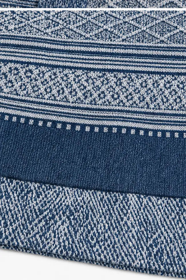 Women's Patchwork Knit Blouse with Denim Collar & Long Sleeves - Fabric Detail