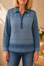 Women's Patchwork Knit Blouse with Denim Collar & Long Sleeves - Front Full