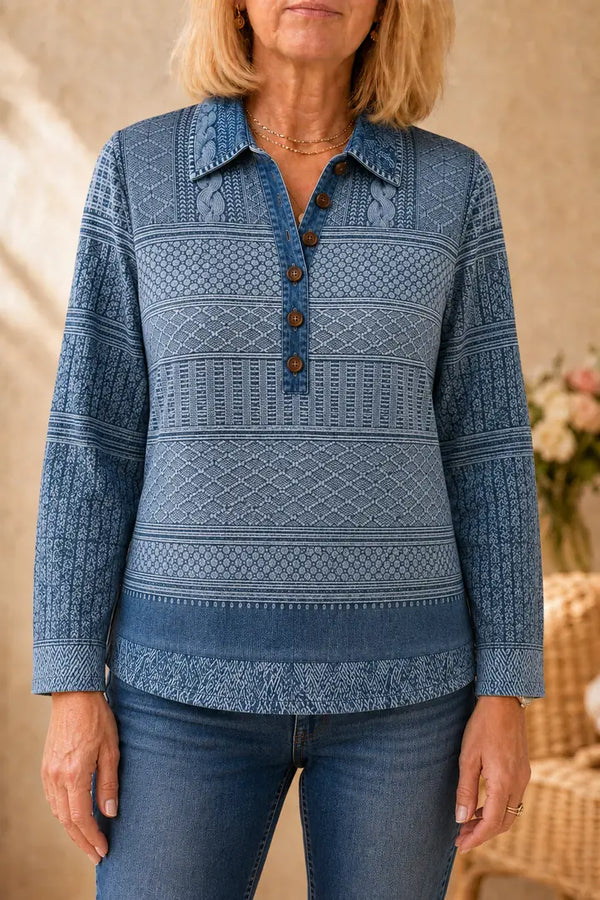 Women's Patchwork Knit Blouse with Denim Collar & Long Sleeves - Front Full