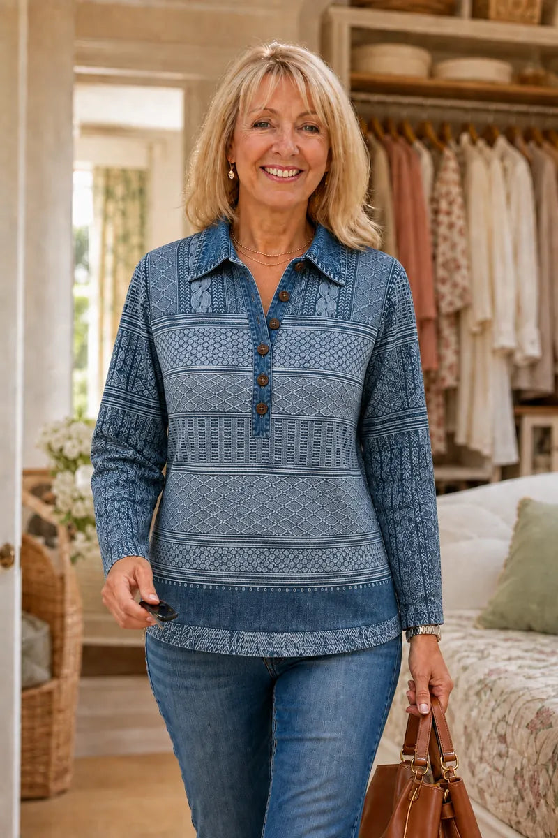 Women's Patchwork Knit Blouse with Denim Collar & Long Sleeves - Front Pose Bag