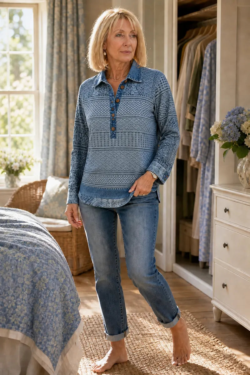 Women's Patchwork Knit Blouse with Denim Collar & Long Sleeves - Full Body Walking