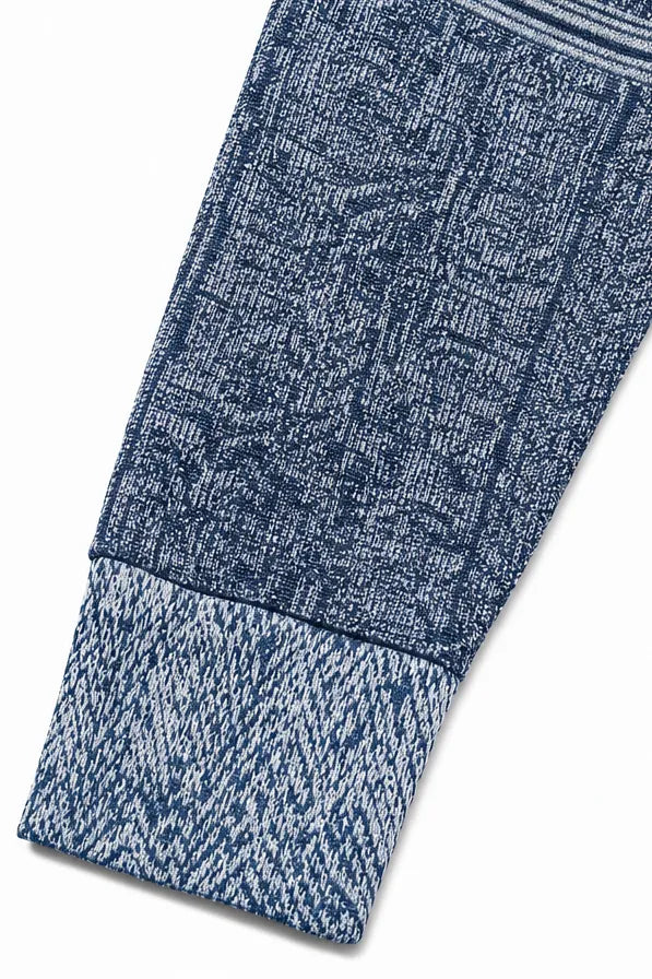Women's Patchwork Knit Blouse with Denim Collar & Long Sleeves - Sleeve Cuff Detail