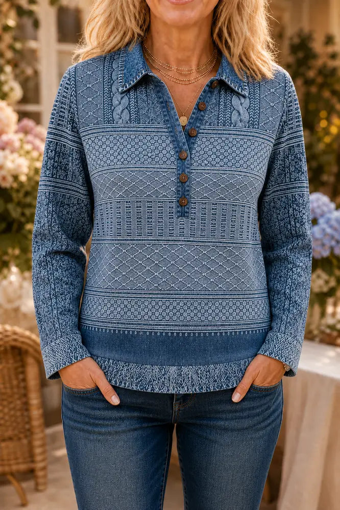Blue Women's Patchwork Knit Blouse with Denim Collar & Long Sleeves