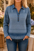 Blue Women's Patchwork Knit Blouse with Denim Collar & Long Sleeves
