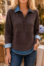 Brown Women's Patchwork Knit Blouse with Denim Collar & Long Sleeves