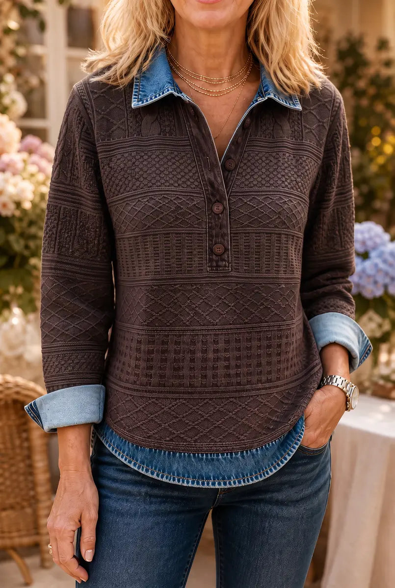 Brown Women's Patchwork Knit Blouse with Denim Collar & Long Sleeves