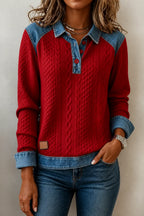 Burgundy Women's Patchwork Knit Blouse with Denim Collar & Long Sleeves